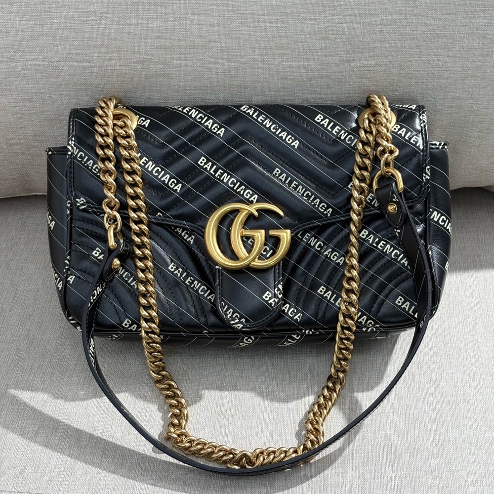 GUCCI Black Leather GG Marmont Shoulder Bag with Balenciaga Print Medium GHW